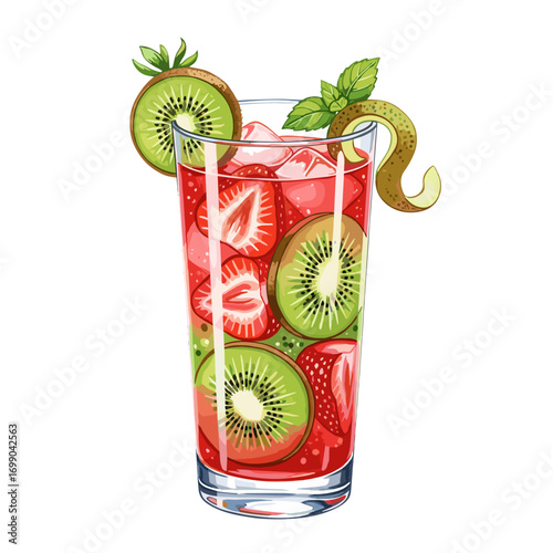 Vibrant and Refreshing Iced Strawberry Kiwi Drink with Fresh Mint and Citrus Peel Garnish in a Tall Glass, Perfect for Summer Beverages