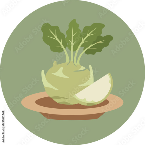 Close-up illustration of a sliced kohlrabi vegetable on a rustic brown ceramic dish against a solid green background