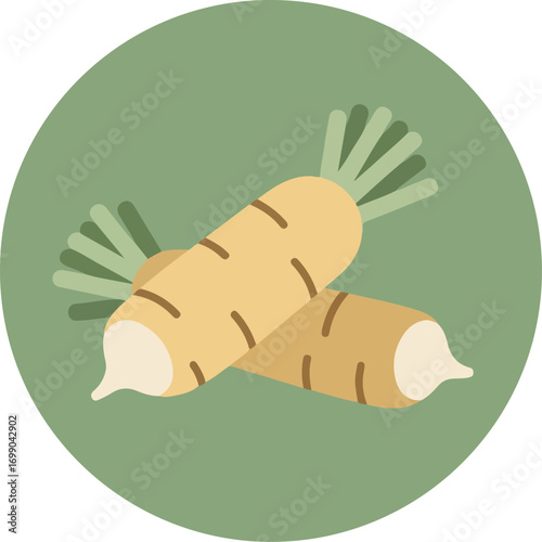 Two vibrant carrots with green tops on a green background