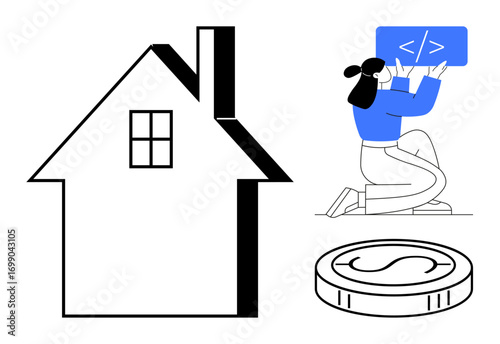 Black and white house, woman writing code, coin representing finance. Ideal for technology, real estate, future growth, savings, innovation, business planning simple landing page