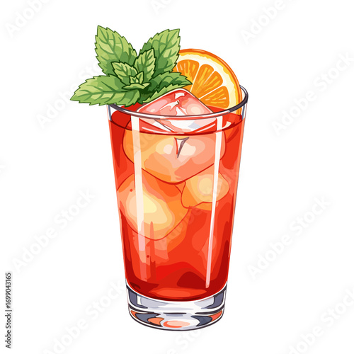 Vibrant red cocktail or refreshing iced beverage in a tall glass, garnished with a fresh orange slice and a sprig of mint, ideal for summer, parties, and celebrations