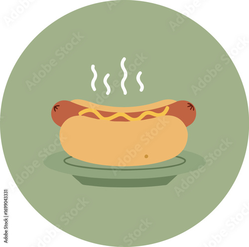 Close-up of a freshly grilled hot dog with mustard on a light green plate