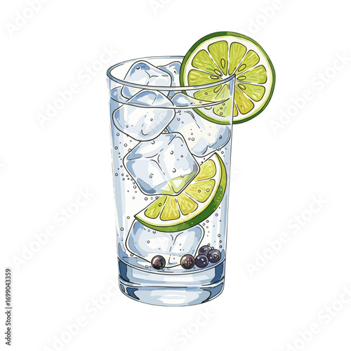 Refreshing Gin and Tonic Cocktail Illustration with Ice, Lime Slices, and Juniper Berries in a Tall Glass on a White Background