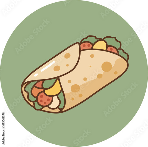 Illustration of a generously filled wrap with tomatoes, lettuce, and protein on a green background