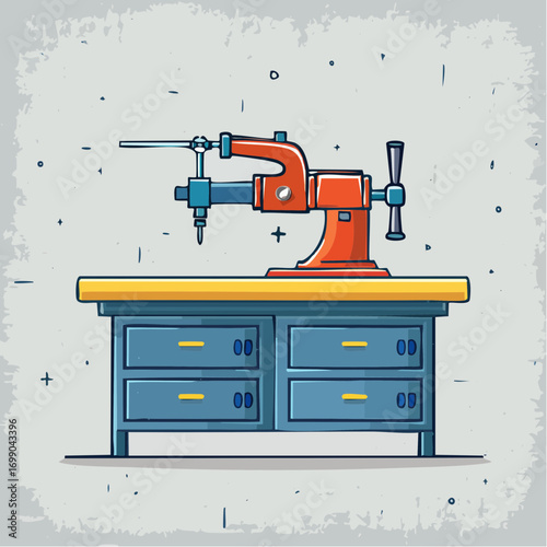 Red Mechanical Device On Workbench With Drawers