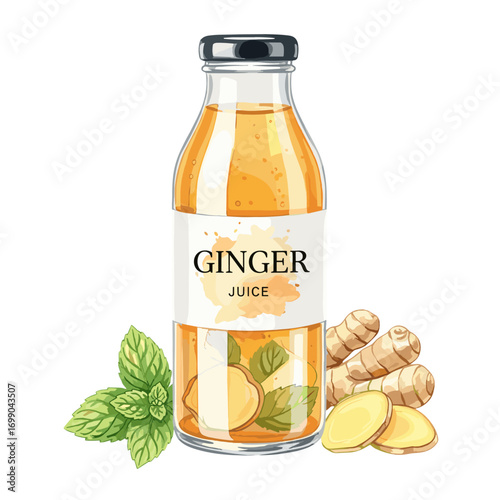 Fresh Ginger Juice Bottle with Slices and Mint Leaves for Health Benefits and Refreshing Beverage
