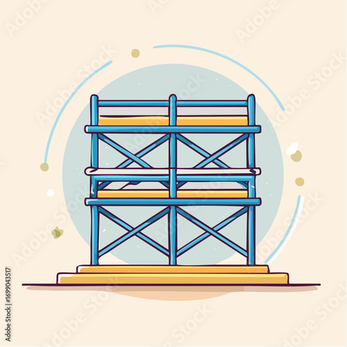 Blue Metal Scaffolding With Wooden Platforms On A Tan Background