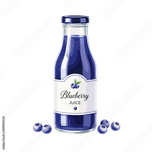 Fresh Blueberry Juice in Glass Bottle with Whole Blueberries Isolated on White Background for Healthy Refreshment
