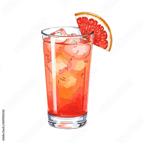 Refreshing Grapefruit Juice Drink in Clear Glass with Ice and Slice Garnish for Summer or Cocktail Mix