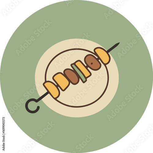 Close-up of skewer with grilled meat and fresh vegetables on a light green background