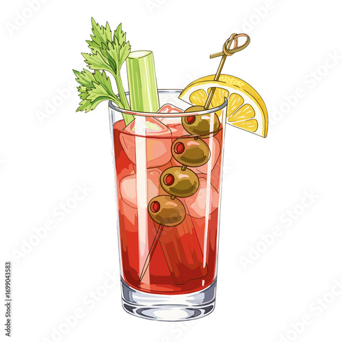 Refreshing Bloody Mary cocktail with celery, olives, and lemon slice in a tall glass, perfect for brunch or a savory drink illustration.