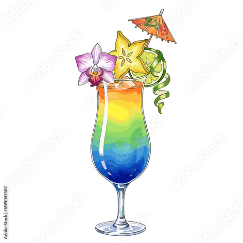 Colorful Tropical Cocktail with Umbrella and Flowers in Decorative Glass