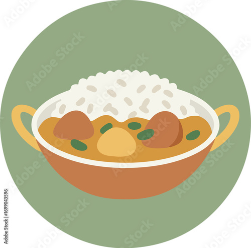 Traditional curry dish with meatballs, peas, and rice in a bowl with yellow handles on a green background