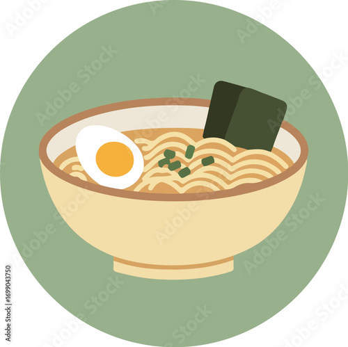 Bowl of ramen with noodles, egg, and nori on a soft green background
