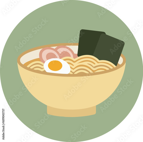 Bowl of ramen with noodles, meat, egg, and seaweed on a muted green background