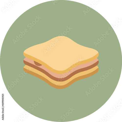 Layered sandwich with meat and creamy spread on a circular green background