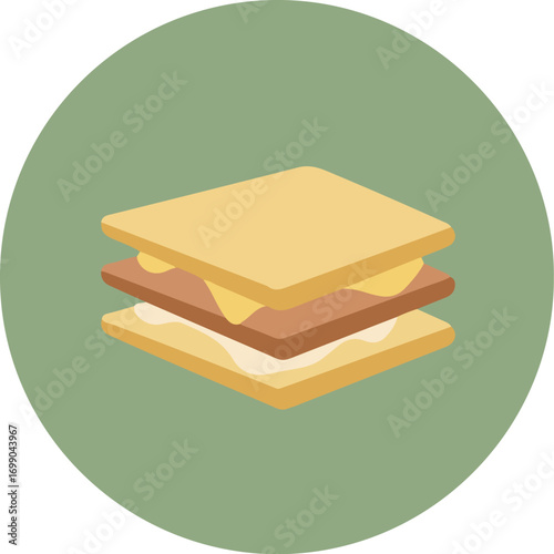 Illustration of a layered dessert with golden-brown puff pastry and creamy filling on a green background