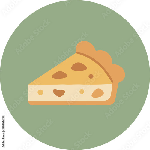 Cartoon-style illustration of a single slice of pizza with golden-yellow crust and creamy white cheese on a green background