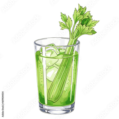 Refreshing green celery juice with ice and a fresh stalk in a clear glass, a healthy detox drink illustration on a white background.