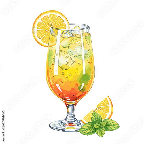 Refreshing Colorful Tropical Drink with Mint and Lemon Slices in a Tall Glass