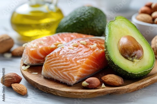 Fresh salmon, avocados, and nuts. Healthy foods