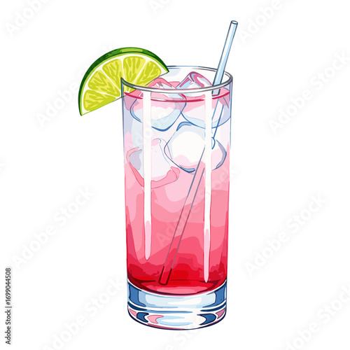 Refreshing Pink Lemonade Cocktail with Ice and Lime Slice in Tall Glass for Summer Enjoyment