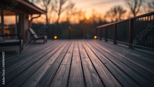 A serene wooden deck bathed in twilight glow, offering a peaceful and minimalist outdoor scene.