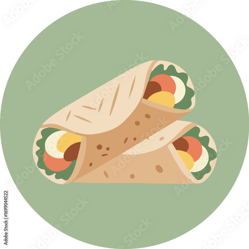 Close-up cross-section of a wrap with lettuce, tomato, and creamy spread on a green background