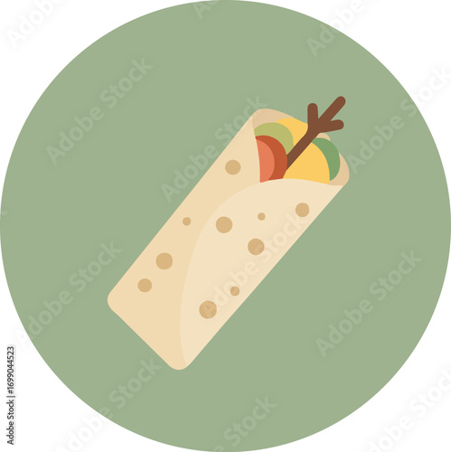 Close-up of a freshly prepared burrito with tomato, avocado, and cilantro on a green background