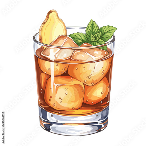 Refreshing iced tea drink with ginger and mint garnish, served in a glass with ice cubes, a perfect cool beverage illustration.