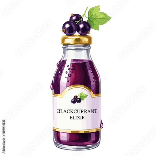 Blackcurrant Elixir in Glass Bottle with Fresh Berries and Green Leaf - Fruit Juice Beverage for Health and Wellness