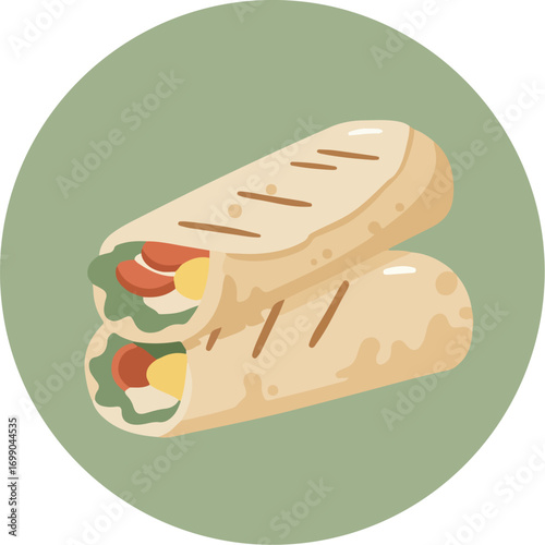 Close-up illustration of a halved sandwich with fresh ingredients on a green background