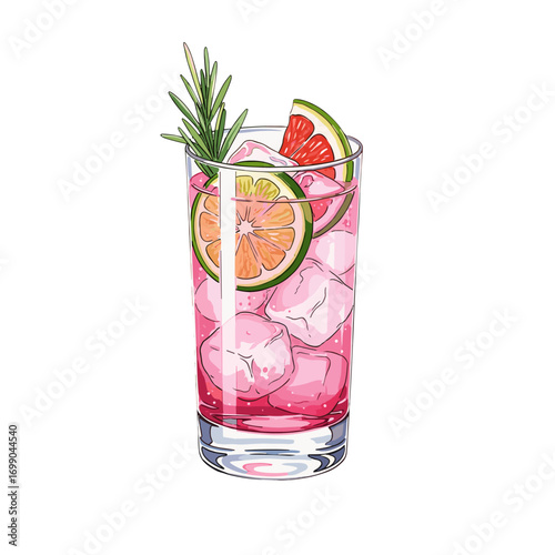 Refreshing pink cocktail with ice, garnished with citrus slices and rosemary, perfect for summer drinks and vibrant illustrations.