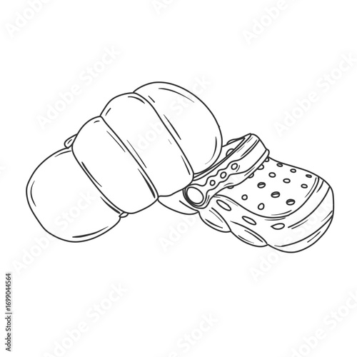 A detailed line art illustration featuring a single baby shoe with its characteristic holes and strap, rendered with clear outlines.