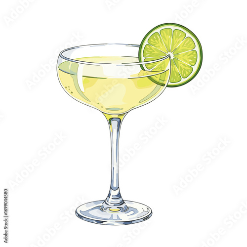 Refreshing lime cocktail in a classic coupe glass, a vibrant watercolor illustration perfect for summer drinks and celebrations.