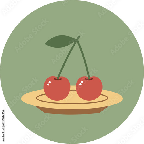 Two ripe red cherries with green stems and a leaf on a beige plate against a light green background