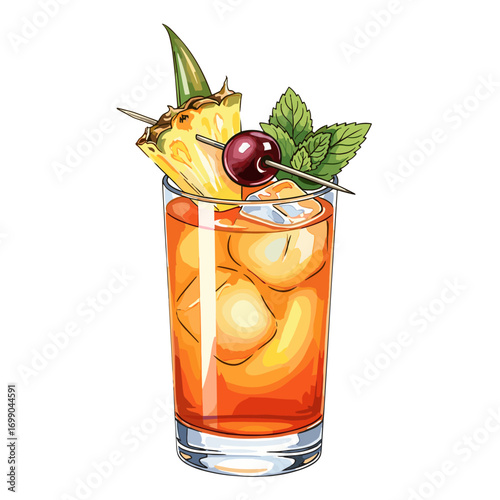 Refreshing tropical cocktail with pineapple, cherry, and mint garnish, served in a tall glass with ice, perfect for summer drinks and parties