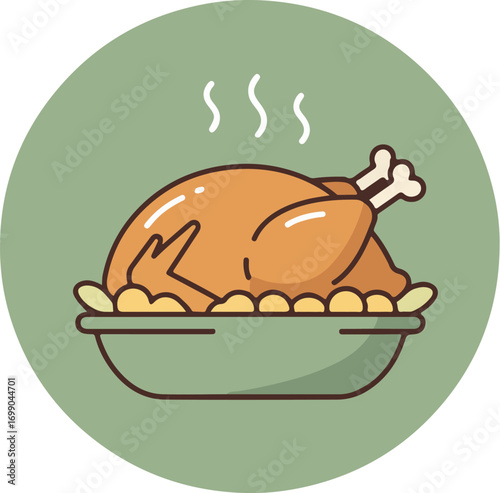 Illustration of a roasted turkey with vegetables in a green roasting pan