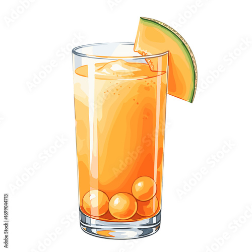 Refreshing cantaloupe melon juice drink with ice and fruit balls, garnished with a melon slice in a tall glass, vector illustration