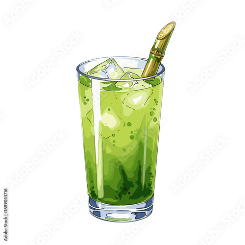 Refreshing Green Iced Beverage with Straw in Glass for Summer Quenching Thirst