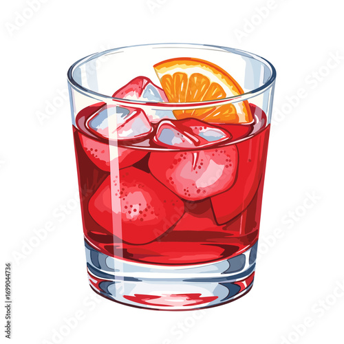 Refreshing red cocktail drink with ice cubes and an orange slice in a clear glass, perfect for summer beverages and party refreshments.