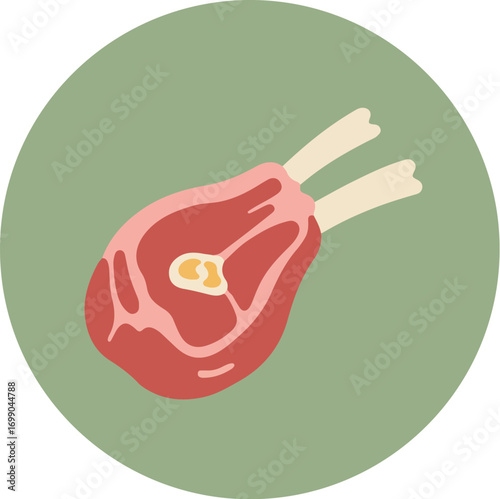 Medium-cooked steak with bone on green background
