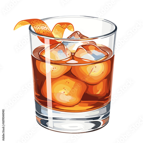 Refreshing cocktail drink with ice and orange peel garnish in a clear glass, perfect for a summer evening or a sophisticated bar setting.