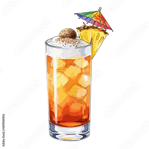 Refreshing tropical cocktail drink in a tall glass with ice, pineapple, a colorful umbrella, and a nut garnish, perfect for summer parties and vacations.