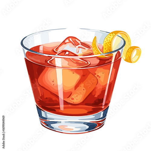 Refreshing red orange cocktail drink with ice cubes and citrus orange peel garnish in a clear glass, isolated vector illustration on white background