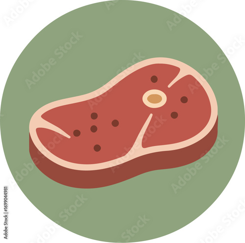 Illustration of a raw steak with a reddish-brown hue and pinkish center on a muted green background
