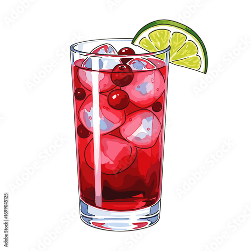 Refreshing cranberry cocktail with ice and lime wedge illustration, perfect for summer drinks and healthy beverages on a white background.