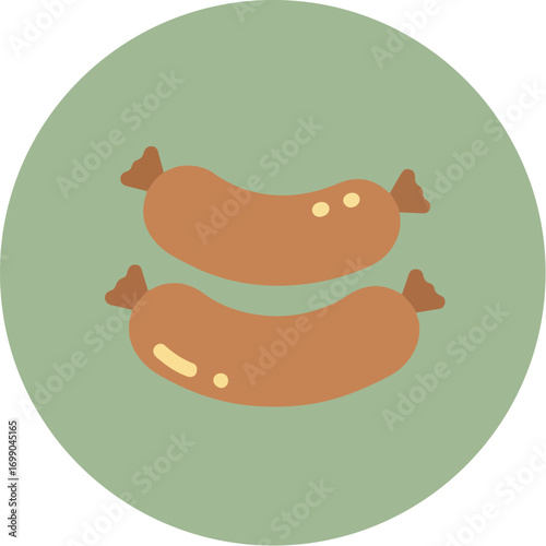 Two anthropomorphized sausages with white dots and pointed ears on a light green circular background