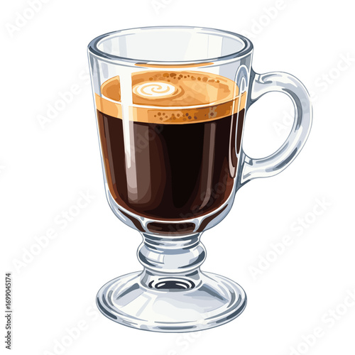 Illustrated glass mug of dark coffee with rich crema and a delicate latte art swirl, a perfect hot beverage for morning or a refreshing break