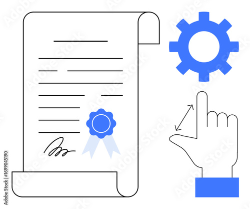 Scroll with a signature and blue seal, hand touching a gear icon, indicating customization, approval, agreement, process optimization. Ideal for business, legality, certification workflow